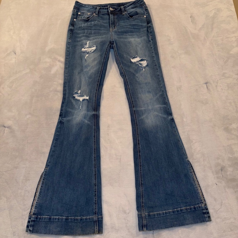 Grace in LA Women Distressed Flare Jeans Medium Wash Side Slit Size 27